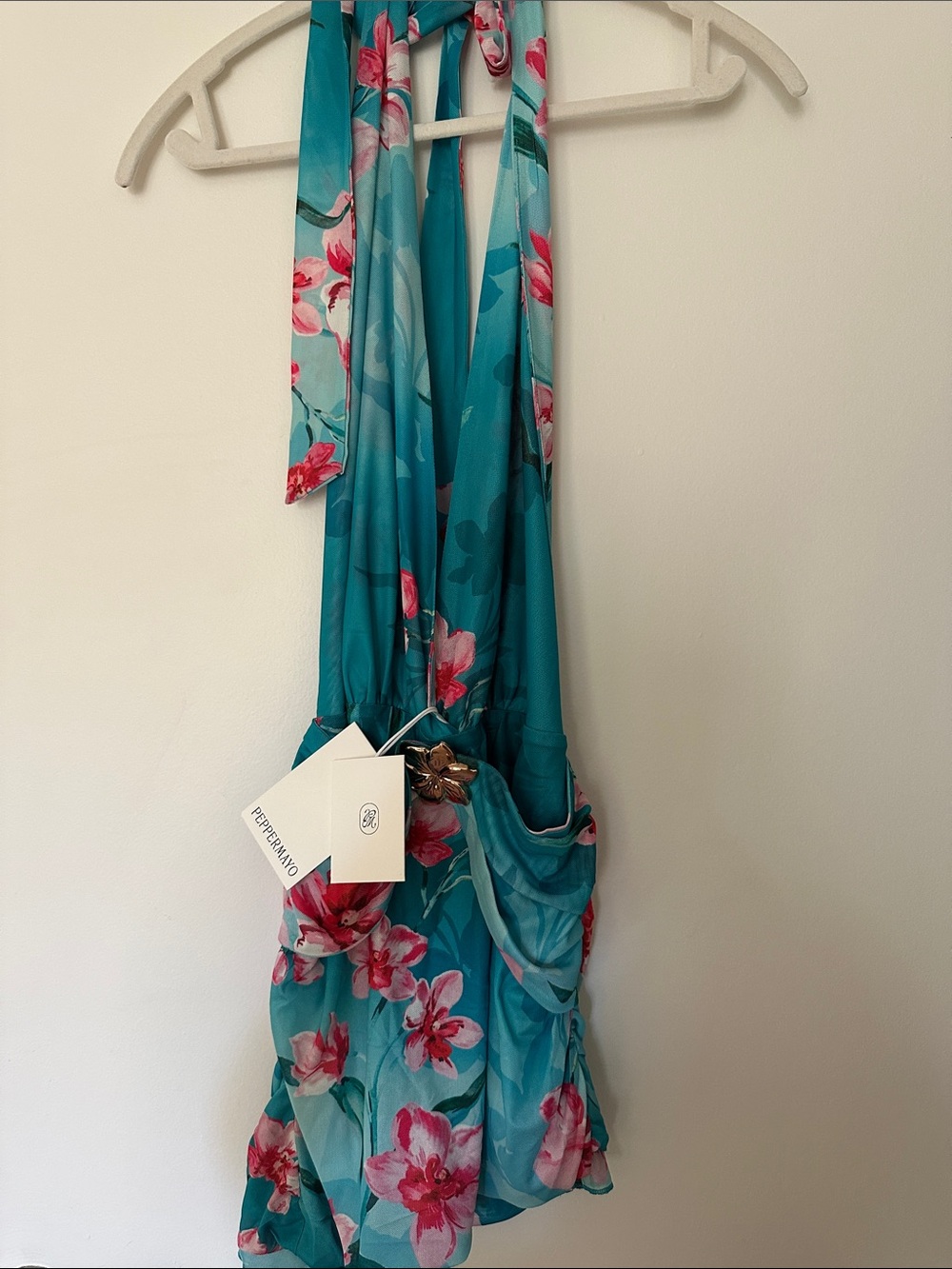 Peppermayo Teal Halter Mini Dress with Pink Floral Print - Picture 4 of 5